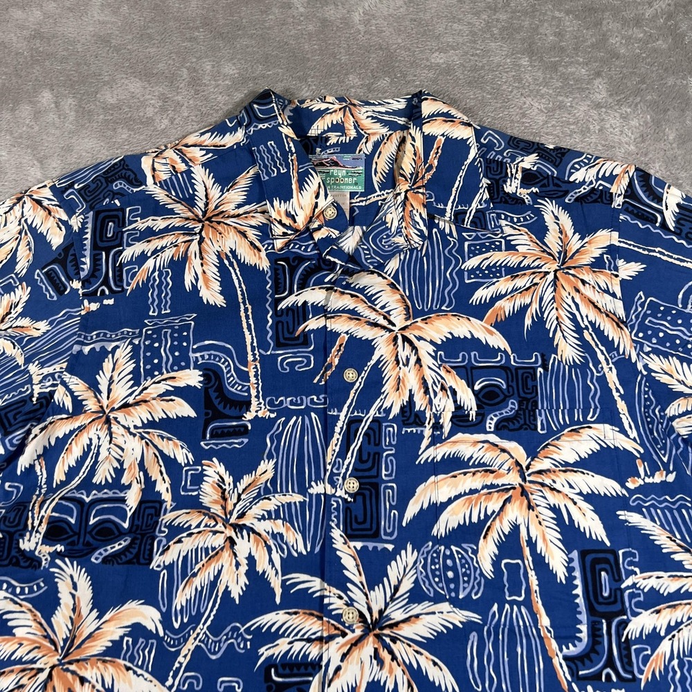 Reyn Spooner Hawaiian Shirt Mens Large Blue Palm Tree Cotton Button Up Aloha